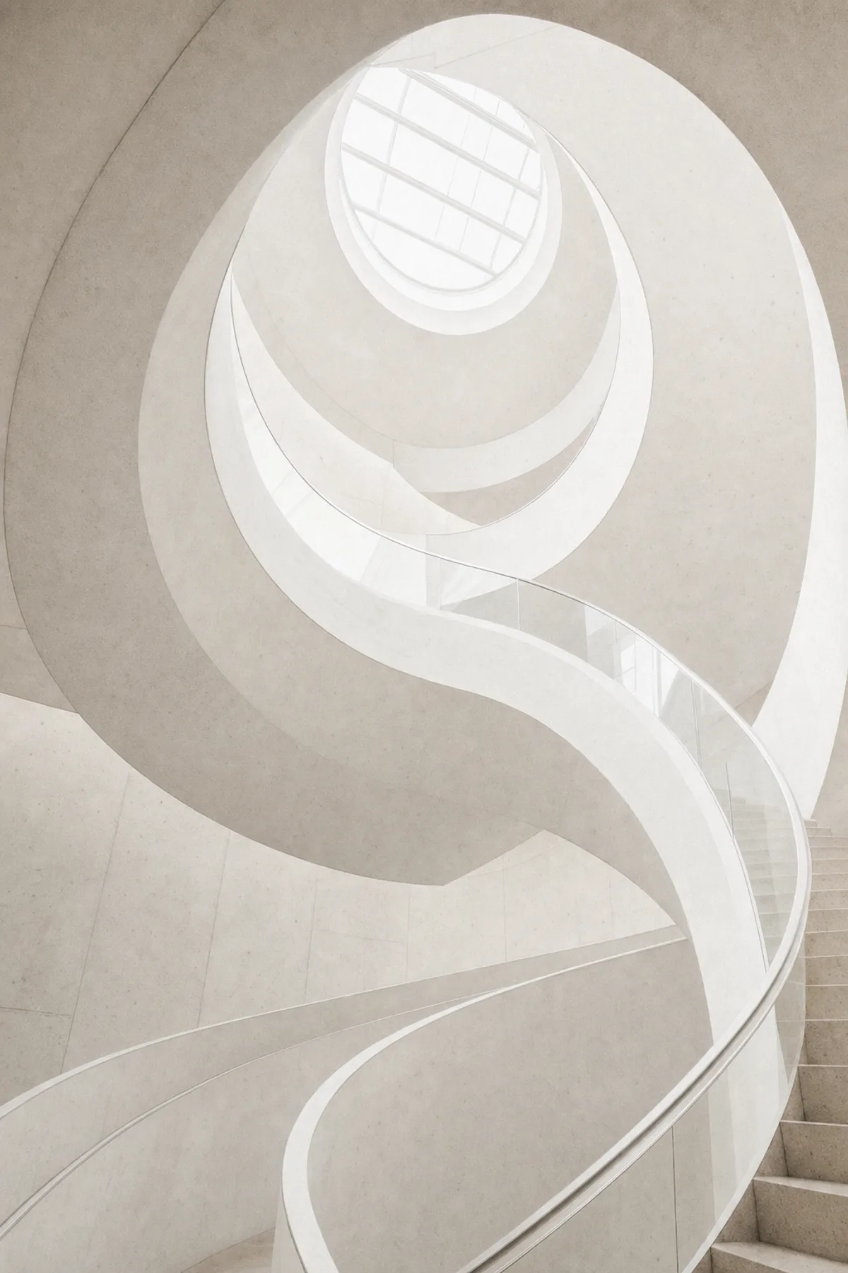 A pale concrete spiral staircase rising toward a bright skylight